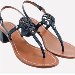 Tory Burch Mini Miller Block Heel Sandals Navy Blue Leather Snake skin,size 7.5